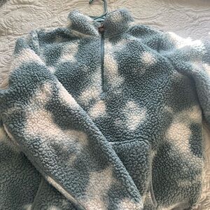 Blue and White Cowl Neck Sweater with Plush Texture